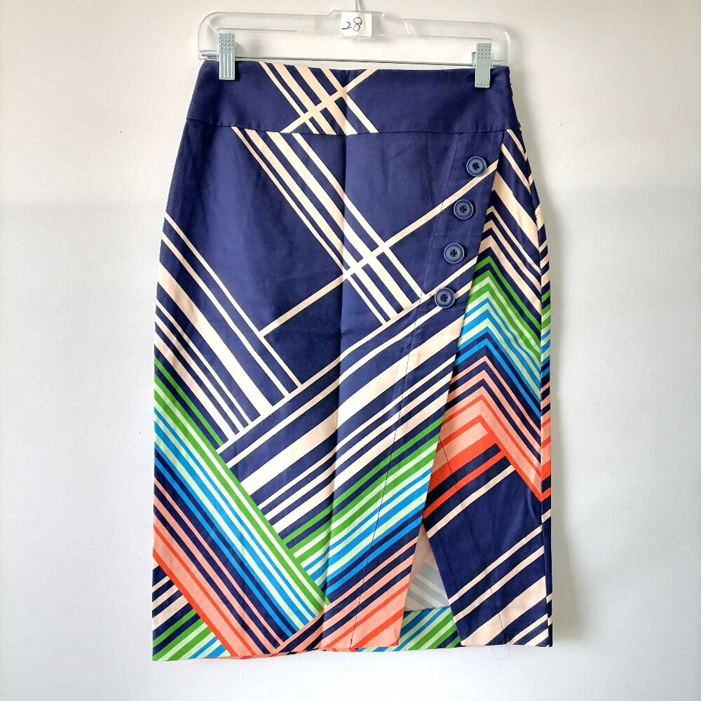 9-H15 STCL Womens Blue Front Button Multicolor Striped Pencil Skirt Size 2